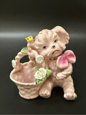 Vintage WALES Japan Ceramic Pink Poodle Dog Holding A Basket Kitschy Figurine